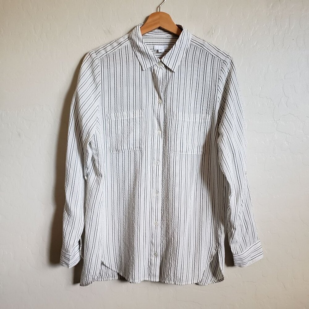 J.Jill Striped Textured Long Sleeve Top Button Up Side Slits Cream/Black Size S